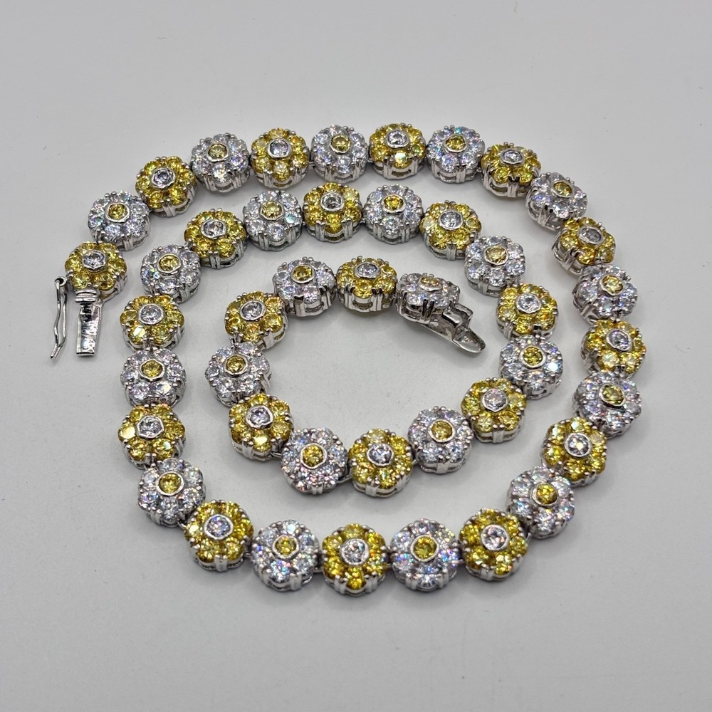 Crystal Floral Necklace Silver Tone Flowers Yellow Clear Heavy Sparkly 16"